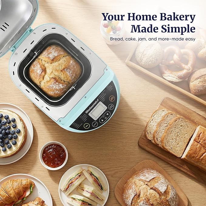 Elite Gourmet Programmable Bread Maker, 2 lb Loaf, 3 Sizes, 19 Presets incl. Gluten-Free, Dough & Jam, Delay Timer, Mint