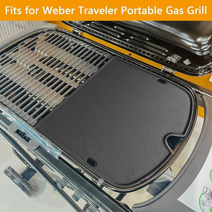 BBQ-PLUS Cast Iron Cooking Griddle for Weber Traveler Portable Gas Grill, Rectangular, Black, 12.5 x 13.4 inch