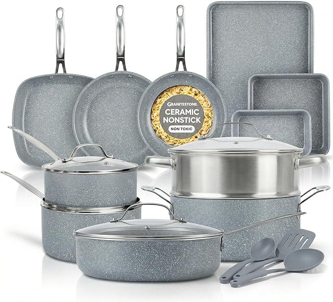 Granitestone Ceraluxe 20 Pc Ceramic Cookware Set Nonstick, Complete Pots and Pans Set Non Stick for Kitchen with Bakeware, Utensils & Steamer, Non Toxic Made Without PFOA PFOS, Oven & Dishwasher Safe