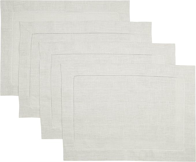 D'Moksha Homes Silver Grey Linen Cloth Placemats Set of 4-100% Pure Linen Hemstitch Placemats 14 x 19 Inch - Classic Hemstitch Table Place Mats for Winter - Handcrafted and Machine Washable