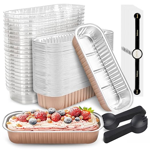 NPLUX 50 PACK Mini Cake Pans with Lids and Spoons, Rectangular Aluminum Foil Bread Pan, Mini Loaf Pans and Food Containers with Lids(Champagne, 6.8oz)