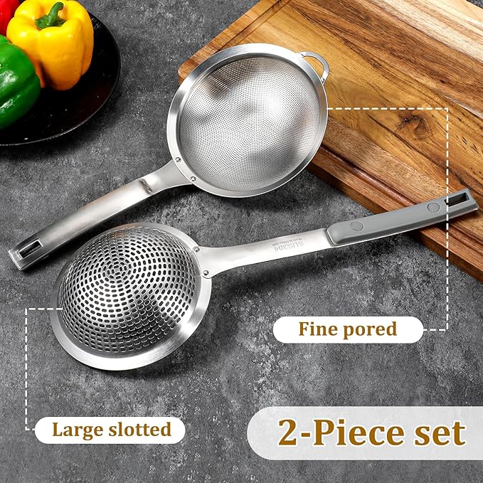 2 Pcs Large Holes Slotted Colander Frying Spoon Set With Handle, Fine Mesh Stainless Steel Sieve Food Strainer, Spider Strainer Skimmer, Handheld For Kitchen Cooking Tool