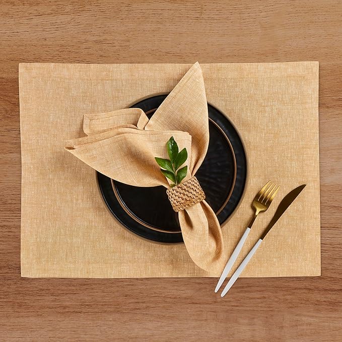 Solino Home Linen Cloth Placemats Set of 4 - 100% Pure Linen Golden Nugget Placemats 14 x 19 Inch - Athena