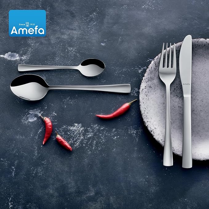 Amefa Atlantic 45-Piece Flatware, Set for 8 – Stainless Steel Silverware, Mirror Finish, Rust-Resistant Durable Cutlery, Forks, Knives, Spoons, Salad Forks & Teaspoons for Dining & Entertaining