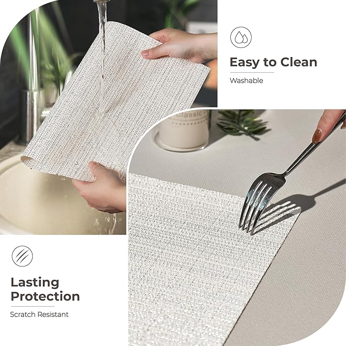 Leetaltree Luxury White and Silver Woven Placemats Set of 8 - Waterproof Washable Textured Table Mats for Wedding, Anniversary, Daily Use - Sparkling Metallic Thread Table Decor - Hand-Cut