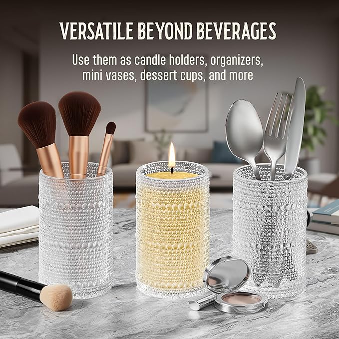 12 Oz Hobnail Drinking Glasses Set of 6 - Clear Multipurpose Glassware Sets, Decorative & Stylish Glasses Drinking Set W/Straws for Bar, Kitchen, Cocktail Glassware - Home, Dining, & Kitchen