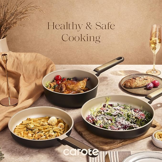 CAROTE Pots and Pans Set Nonstick, 16pcs Cookware Set Nonstick Non-Toxic & PFOA&PFOS-Free, Dishwasher, RV/Camping Cookware Set, Cooking Pots with Lids, Brown