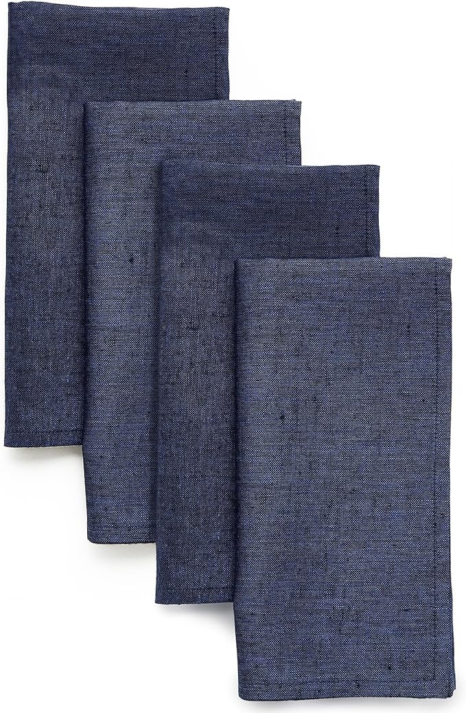 Solino Home Linen Cloth Napkins Set of 4-100% Pure Linen Chambray Navy Dinner Napkins 20 x 20 Inch for Winter, New Year - Athena, Handcrafted and Machine Washable