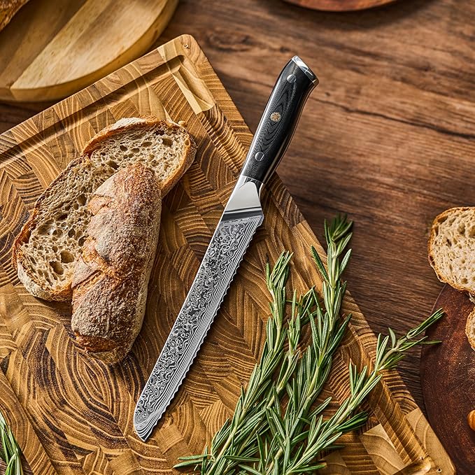 KYOKU Serrated Bread Knife - 8" - Shogun Series - Japanese Style VG10 Steel Core Damascus Blade - with Sheath & Case