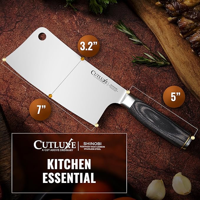 Cutluxe Meat Cleaver Knife – Ultra Sharp 7" Meat Cleaver, Butcher Knife, High Carbon Stainless Steel Blade, Full Tang Pakkawood Handle – Shinobi Series