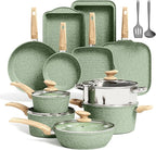 Kitchen Academy 17 Pieces Induction Cookware Set with Griddle, Green Granite Pots and Pans Set Non Stick, Healthy Nonstick Cooking Pans Set
