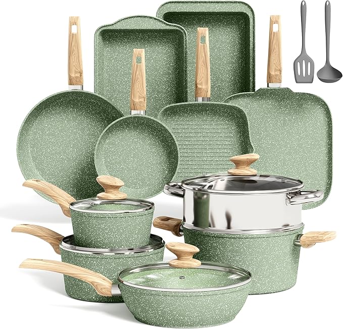 Kitchen Academy 17 Pieces Induction Cookware Set with Griddle, Green Granite Pots and Pans Set Non Stick, Healthy Nonstick Cooking Pans Set