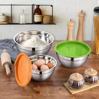 LIANYU Stainless Steel Metal Mixing Bowls, 3 Sizes Large and Small Salad Mixing Bowl Sets, Include Airtight Lids, Ideal for Kitchen Storage, Prepping, Baking, Three-Color