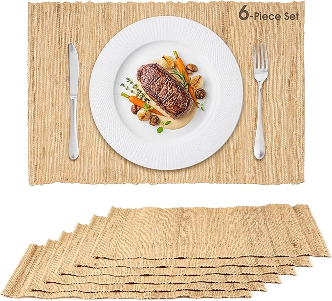 Handmade Ramie Placemats Set of 6, 12"x18" Eco-Friendly Natural Woven Table Mats for Dining Table, Heat-Resistant & Washable Natural Fiber Placemats for Kitchen, Farmhouse, Boho & Home Decor