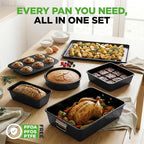 NutriChef 8 Piece Nonstick Bakeware Set | Carbon Steel Baking Pans for Oven | Includes Sheet Pan, Muffin, Loaf, Round and Square Cake Pan | Dishwasher Safe, Stackable Design Oven Safe up to 446°F