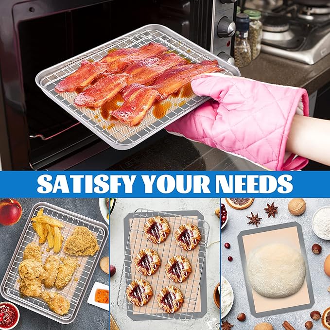 P&P CHEF 10.4 x 8 x 1 Inch Toaster Oven Pan with Grid Rack and Silicone Mat, Stainless Steel Toaster Oven Tray Baking Pan with Cooling Roasting Rack, Dishwasher Safe (3Pcs)