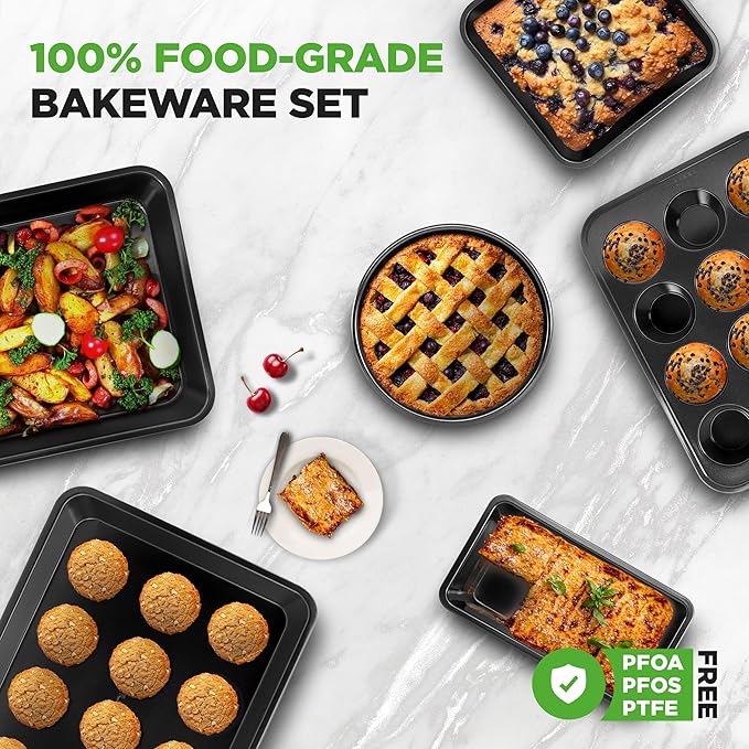 NutriChef Stackable Non-Stick Baking Pan Set – Carbon Steel Bakeware Set w/ Cookie Sheet, Muffin & Loaf Pan, Double Coated for Easy Release, Oven & Dishwasher Safe, Resists Warping, – Easy to Clean