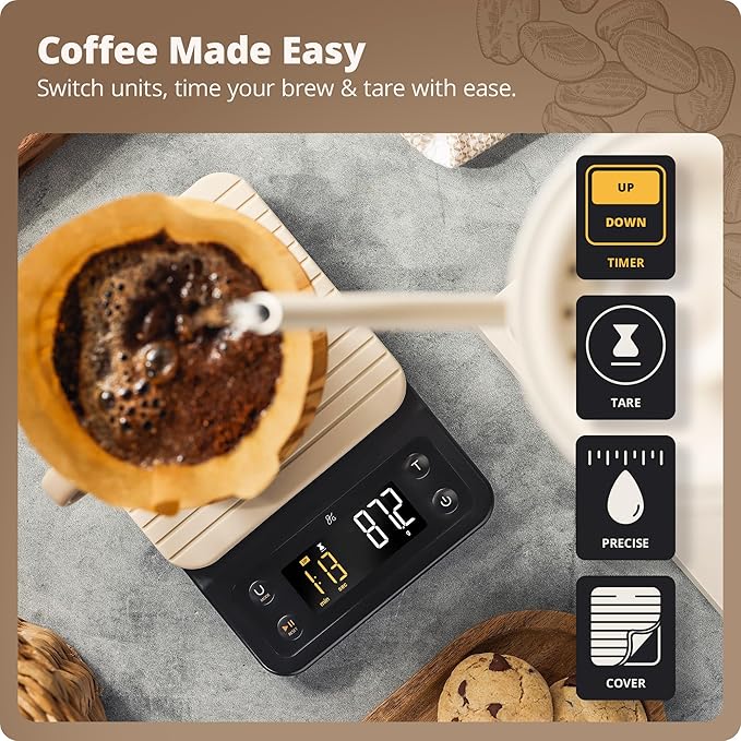 Greater Goods Coffee Scale with Timer – 0.1g Precision Digital Coffee & Espresso Scale for Pour-Over, Coffee Bean Weighing, Barista Brewing, Waterproof Cover, 3kg Capacity (Birch White)