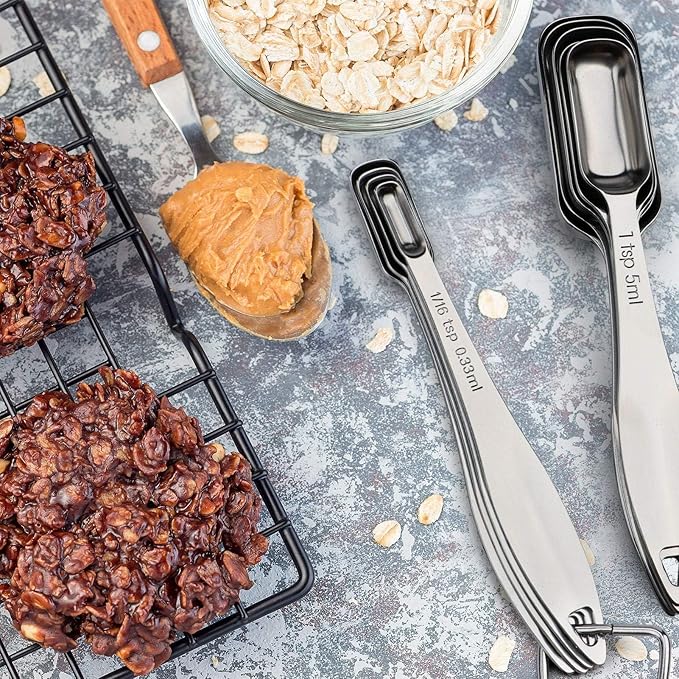 FANGSUN Narrow Measuring Spoons Set of 10, Heavy-Duty Stainless Steel Measuring Spoons with Long Handles & Engraved Measurements, Fits in Spice Jars, for Baking & Cooking