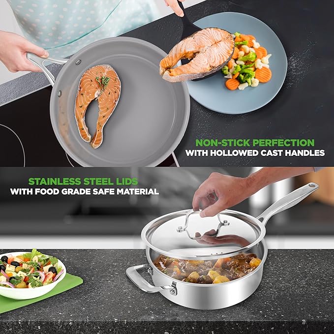 NutriChef Kitchenware Pots & Pans Set - 12 Piece, Clad Kitchen Cookware Set w/Steel Handles, Fry Pan Interior Coated w/ Ceramic Non-Stick Coating, Stylish Kitchen Cookware - NCSSX45