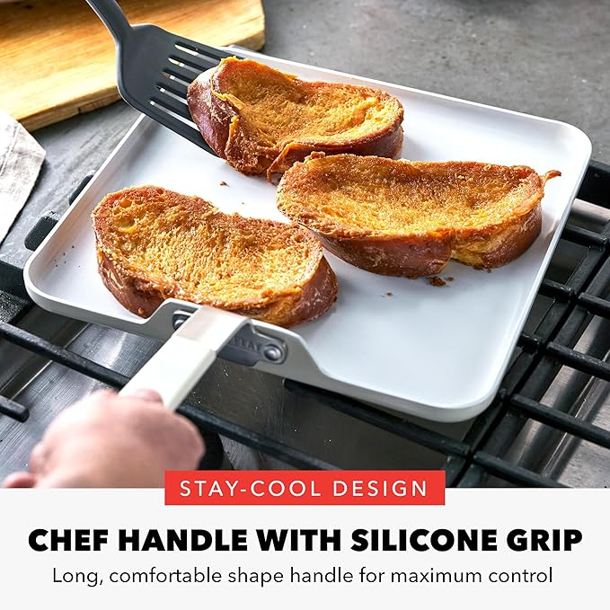 GreenPan x Bobby Flay 11” Nonstick Square Griddle Pan, PFAS-Free Diamond Ceramic Stay-Cool Silicone Handle, Easy Clean Dishwasher & Oven Safe Skillet, Cream