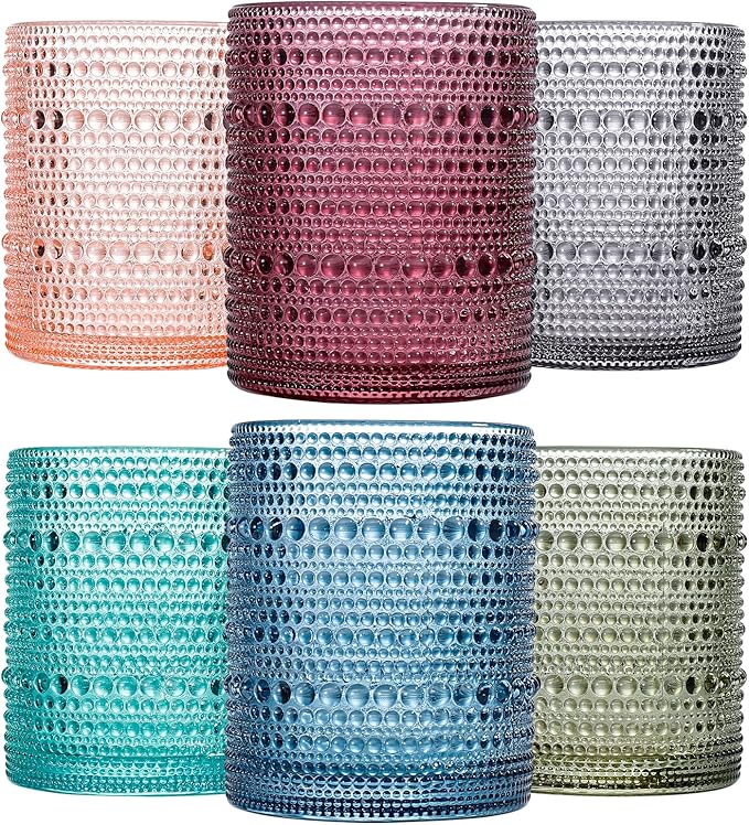 JOVGANK Colored Vintage Hobnail Drinking Glasses Set of 6, Embossed Water Tumbler 12oz, Kitchen & Bar Beaded Glass Cups, Beverage Glass Cups for Water, Beer, Juice, Housewarming and Mother's Day Gift