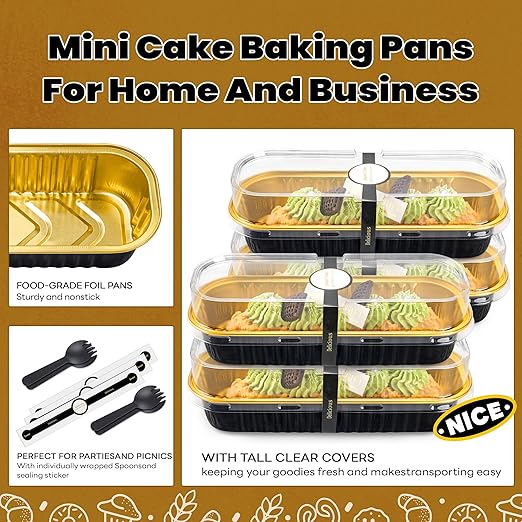 NPLUX 100 Pack Mini Cake Pans with Lids and Spoons Black Gold Rectangular Aluminum Foil Baking Pans Mini Cheesecake Containers(6.8oz)