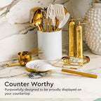 White Utensil Holder with Built-In Ceramic Spoon Rest - 2-Piece Luxe White and Gold Spatula Holder with Gold Spoon Rest for Countertop Organization - Stylish Kitchen Accessory, Utensils Not Included