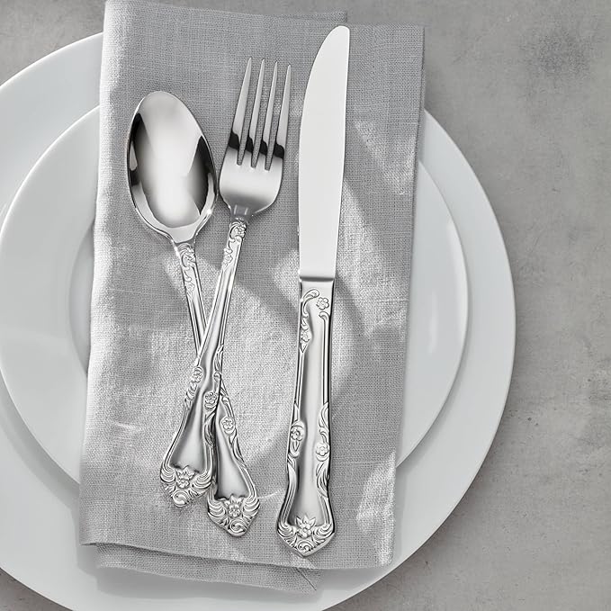 Oneida Silverware Set For 8, Azalea 45-Piece Everyday Flatware Set with Serving Utensils, Floral, Service For 8, 18/0 Stainless Steel, Dishwasher Safe, Knives Spoons And Forks Sets (Silver, 45 Pieces)