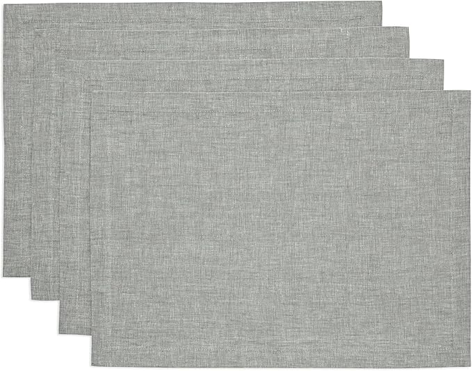 Solino Home Linen Cloth Placemats Set of 4-100% Pure Linen Chambray Grey Placemats 14 x 19 Inch - Athena