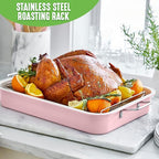 GreenLife 16.5” x 12” Healthy Ceramic Nonstick Roasting Pan with Stainless Steel Roaster Rack, PFAS-Free, PFOA-Free, Dishwasher Safe, Oven Safe, Easy Pouring Rims, Soft Pink