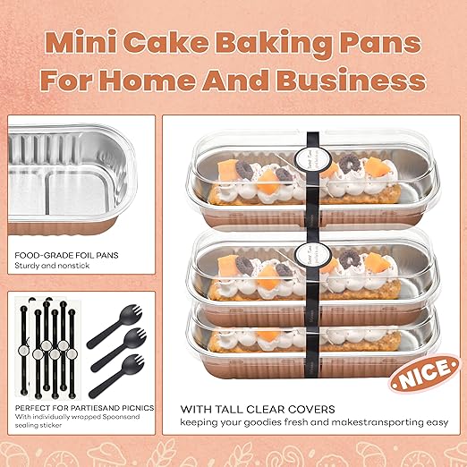 NPLUX 50 PACK Mini Cake Pans with Lids and Spoons, Rectangular Aluminum Foil Bread Pan, Mini Loaf Pans and Food Containers with Lids(Champagne, 6.8oz)