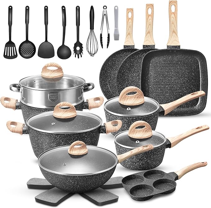 VOTTGO 31 Pcs Pots and Pans Set Non Stick, Black Granite Induction Cookware Set, Non Toxic Healthy RV Kitchen Cooking Set with Silicone Tools and Pot Protectors, PFOA PFOS PFAS Free