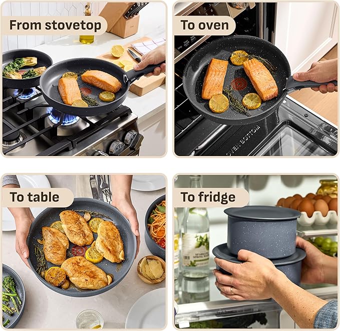 T-fal Ingenio Essentials Cookware Set with Detachable/Removable Handle 11 Piece, Granite Titanium Non Stick, Oven Broiler Safe 500F, Stackable, Pots and Pans Set, Frying Pans, Dishwasher Safe, Gray