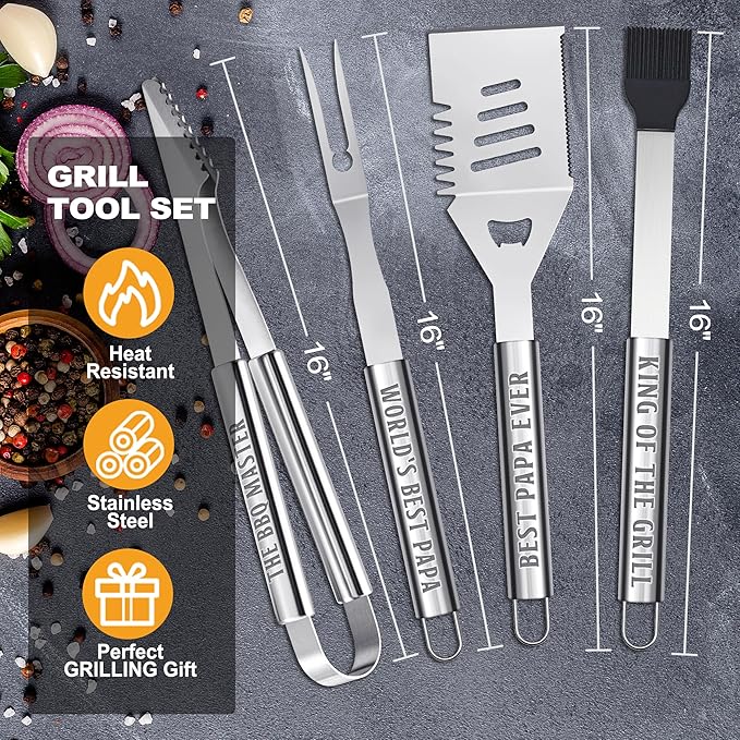 Papa Gifts from Grandkids, Gifts for Papa Christmas, Grilling Accessories, Heavy Duty Stainless Steel Grill Set BBQ Grill Tools for Outdoor Grill with Aluminum Case, Camping Grill Utensils Set