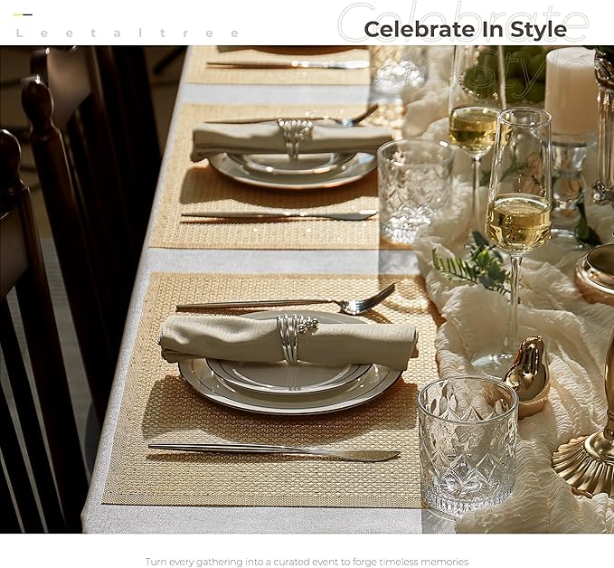 Leetaltree Luxury Gold Sequin Placemats Set of 6 - Waterproof Washable for Wedding, Anniversary, Daily Use - Sparkling Table Decor - Hand-Cut