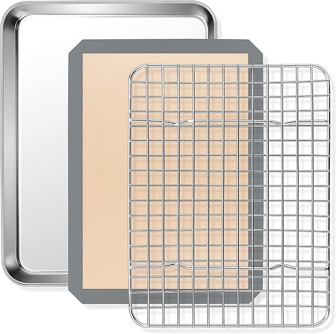 P&P CHEF 9 x 7 x 1 Inch Toaster Oven Pan with Grid Rack and Silicone Mat, Stainless Steel Toaster Oven Tray Baking Pan with Cooling Roasting Rack, Dishwasher Safe (3Pcs)