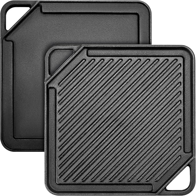 GGC Cast Iron Reversible Griddle, 2-In-1 Griddle Pan for Gas Grills and Stove Tops, 10 x 10 Square Baking Flat and Ribbed Griddle Plate