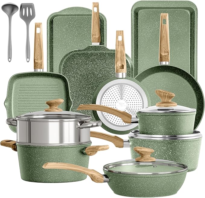 17 Piece Pots and Pans Set Non Stick, Nonstick Induction Granite Kitchen Cookware Sets, Induction Cookware Frying Pans, Nonstick Granite Cooking Set, Pan Sets for Cooking, Green