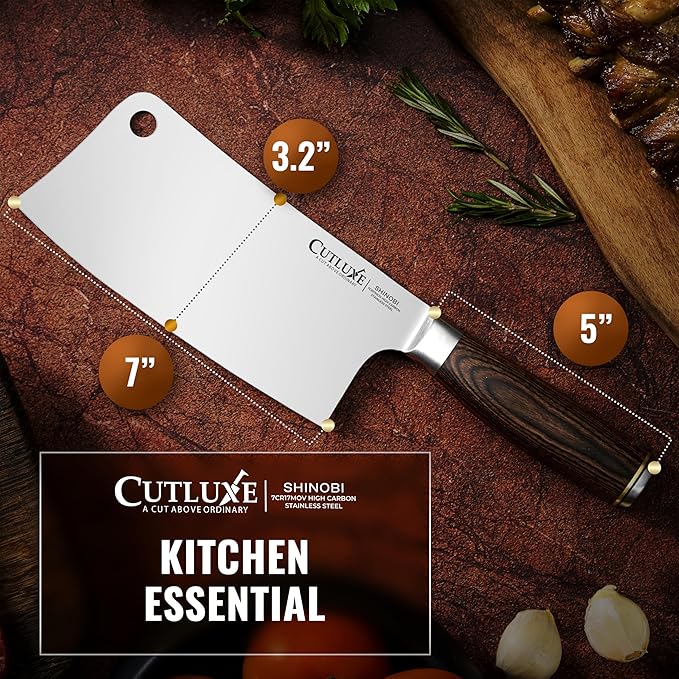 Cutluxe Meat Cleaver Knife – Ultra Sharp 7" Meat Cleaver, Butcher Knife, High Carbon Stainless Steel Blade, Full Tang Pakkawood Handle – Shinobi Series