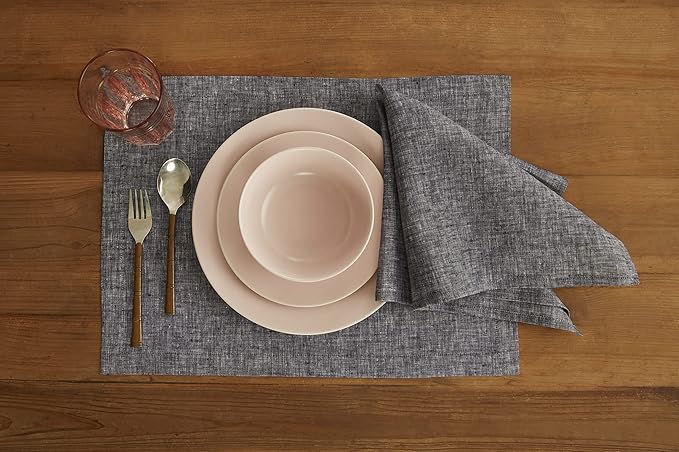Solino Home Linen Placemats Set of 4-100% Pure Linen Chambray Black Cloth Placemats 14 x 19 Inch for Winter, Holiday - Athena