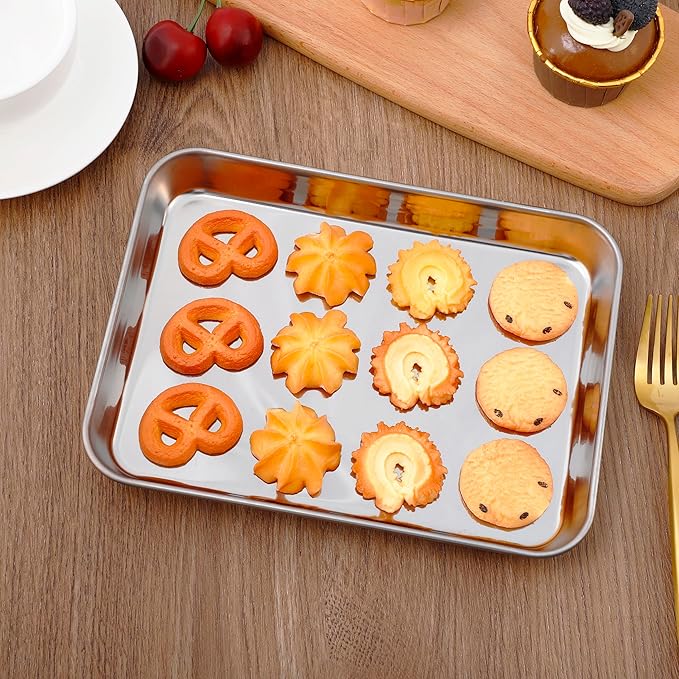 2 Pack Baking Sheet, 6.9 x 9.2 x1 Inch Stainless Steel Cookie Sheet, Toaster Oven Tray Pans, Heavy Duty Baking Pans for Kitchen, Bakings Tray for Oven, Easy Clean & Dishwasher Safe