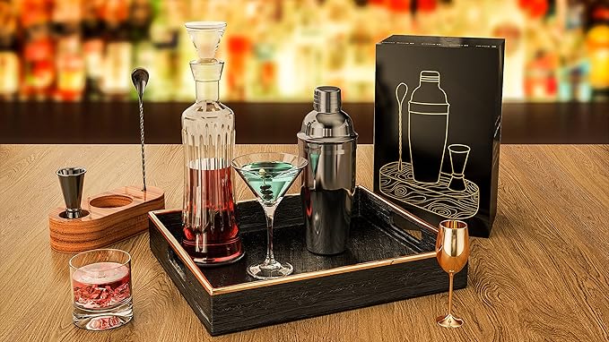 LUCKYGOOBO Cocktail Shaker Set,24 oz Martini Shaker,Bartender Kit with Stand,Stainless Steel Martini Mixer Built-in Strainer,Bar Tool Set,Drink Shaker,Fun Gifts. (Black)