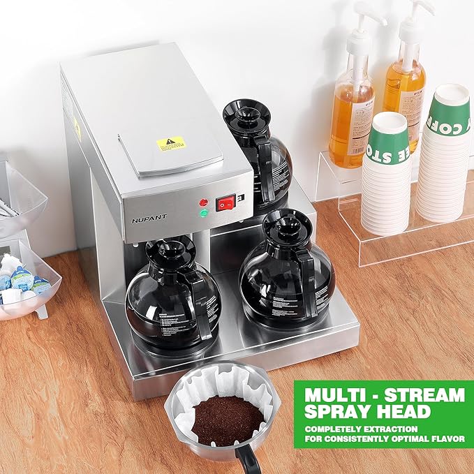 12 Cup Commercial Coffee Maker, Manual Filling Drip Coffee Maker Machine with 3 Glass Carafes 3 Warmers, Stainless Steel Pour Over Coffee Brewer with Hot Water Supply for Restaurant Office Cafe