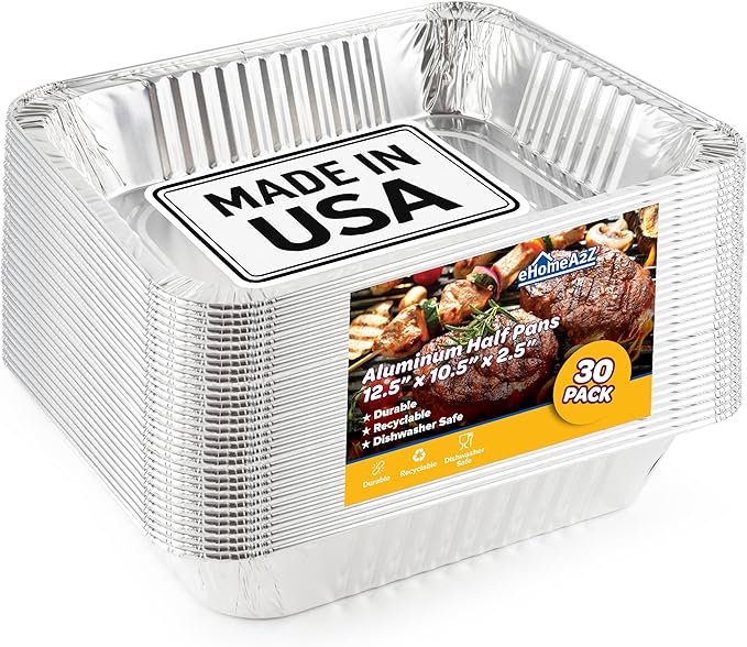 EHOMEA2Z 9x13 Disposable Aluminum Pans (30 Pack) – Made in USA Half Size Steam Table Pans, 13x9 Foil Baking Trays for Lasagna, Casseroles, Catering, Parties, BBQ, Crawfish Trays