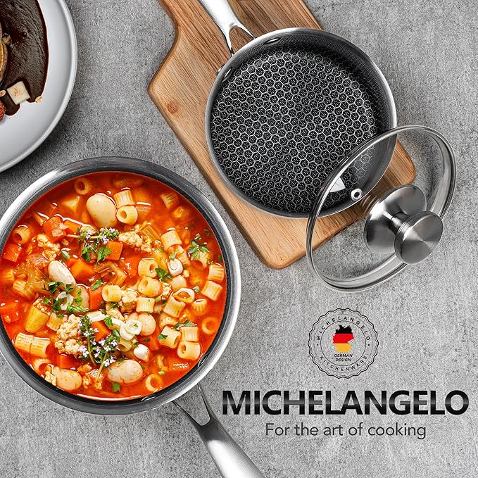 MICHELANGELO Triply Stainless Steel Pot Set, Hybrid Nonstick Saucepan Set with Lids, Induction Compatible Heavy Duty Sauce Pan 1QT & 2QT & 3QT, Honeycomb Interior, Dishwasher Safe Cookware - 6 Piece