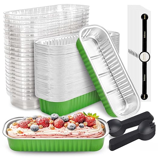 NPLUX 50 PACK Mini Cake Pans with Lids and Spoons, Rectangular Aluminum Foil Bread Pan, Mini Loaf Pans and Food Containers with Lids(Grass Green, 6.8oz)
