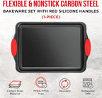 Nonstick Cookie Sheet Pan Carbon Steel Oven Tray Sheet Pan with Red Silicone Handles -Small Bakeware Pan Tray with Gray Coating Inside & Outside