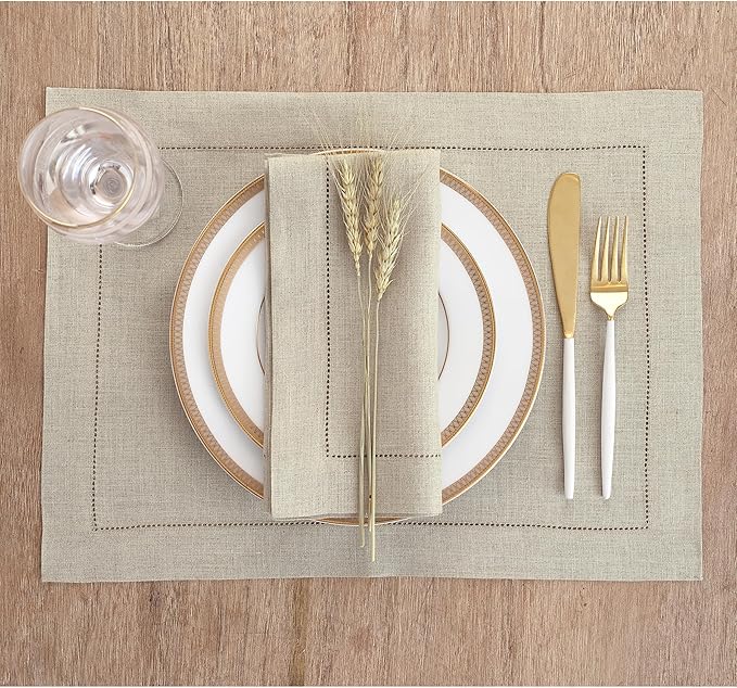 Solino Home Natural Linen Napkins Set of 4-100% Pure Linen Hemstitch Dinner Napkins 20 x 20 Inch for Holiday, New Year - Classic Hemstitch