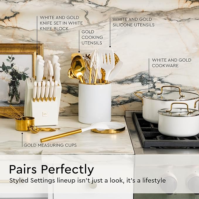 White Utensil Holder with Built-In Ceramic Spoon Rest - 2-Piece Luxe White and Gold Spatula Holder with Gold Spoon Rest for Countertop Organization - Stylish Kitchen Accessory, Utensils Not Included